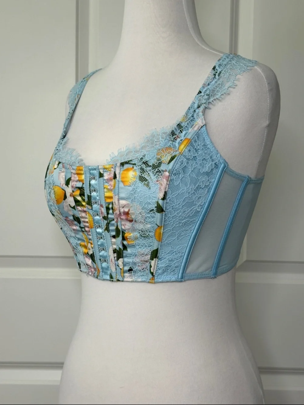Victoria's Secret Dream Angels Unlined Lace Corset Bra Blue‎ Lemon Size Medium